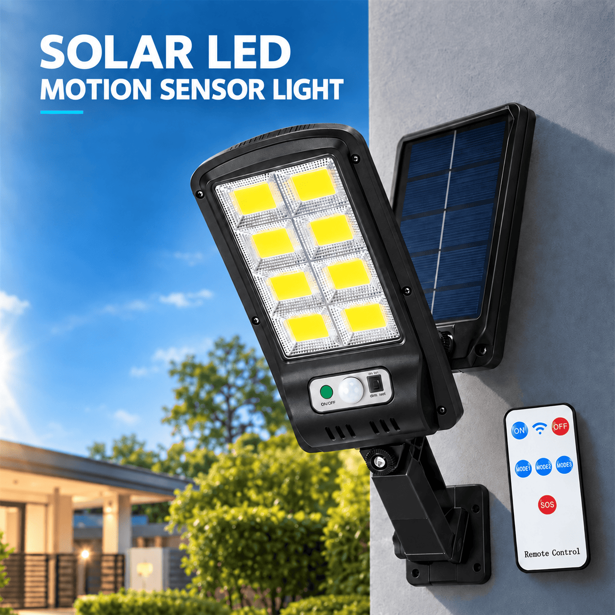 Solar LED wall light with eight COB panels, solar panel and remote control, mounted on a house wall